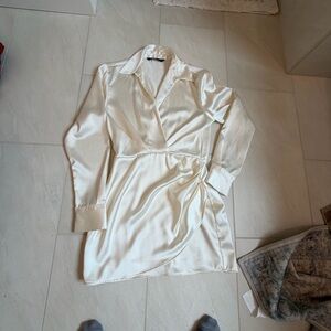 Zara Cream Satin Long Sleeve Wrap-Style Shirt Dress